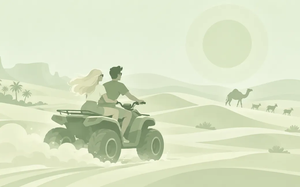 Illustration of a couple riding a quad bike across desert dunes, with camels in the distance