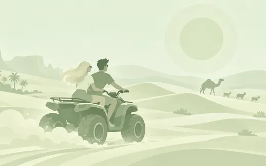 Illustration of a couple riding a quad bike across desert dunes, with camels in the distance