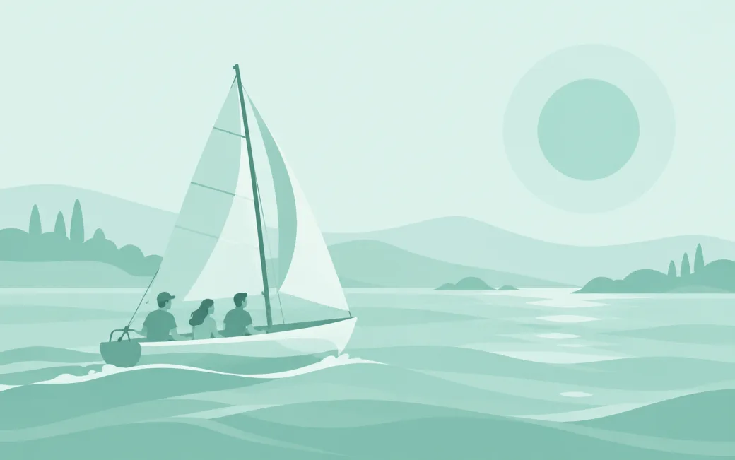 Illustration of three guests on a sailing boat trip across a calm bay