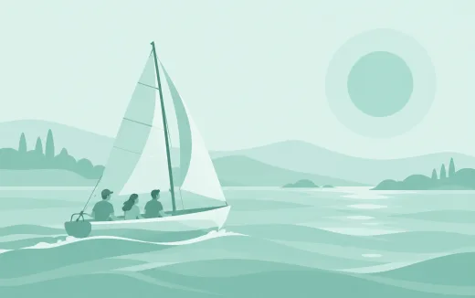 Illustration of three guests on a sailing boat trip across a calm bay