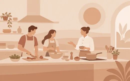 Illustration of a chef teaching two guests in a cooking class