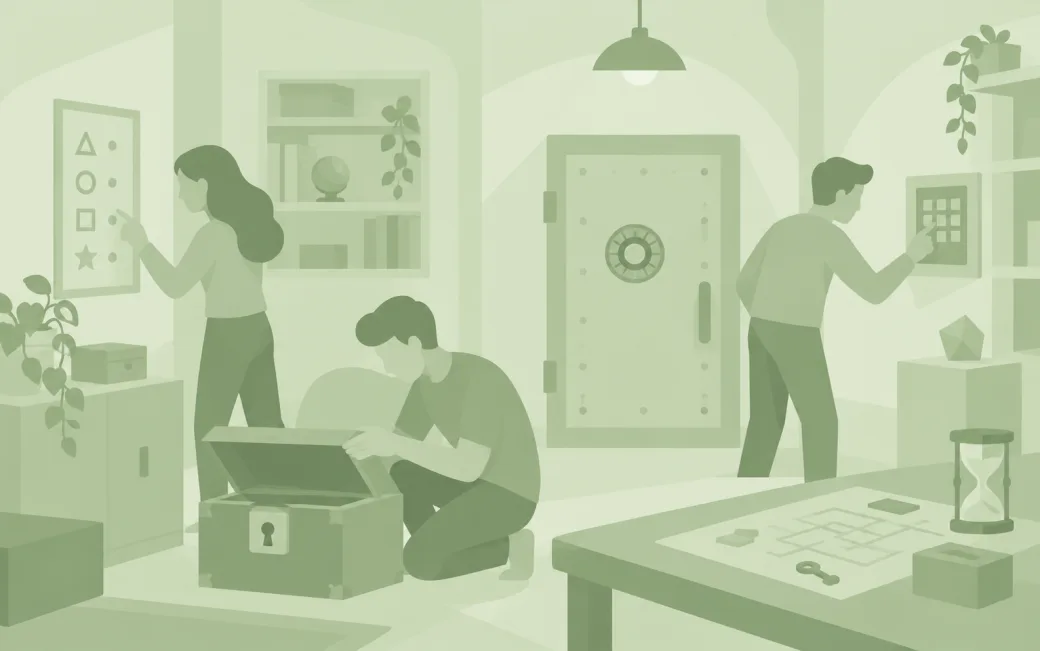 Illustration of three players searching for clues in an escape room