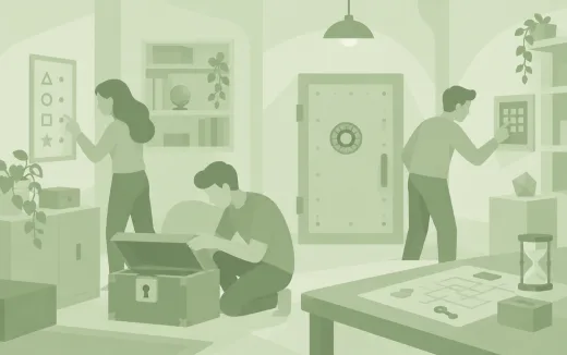 Illustration of three players searching for clues in an escape room