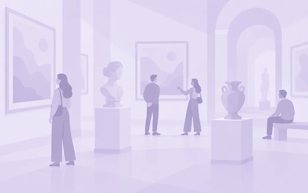 Illustration of visitors looking at paintings and sculptures in a museum gallery
