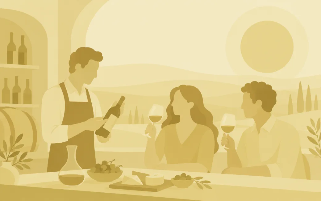 Illustration of a host pouring wine for two guests at a wine tasting