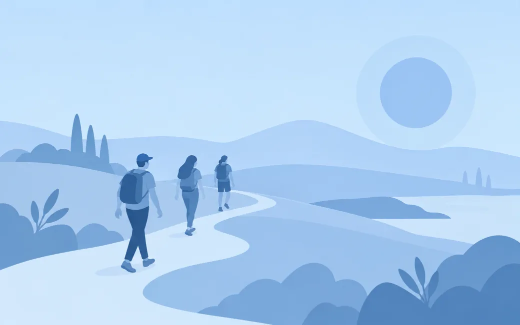 Illustration of three people on a walking tour along a path through rolling hills
