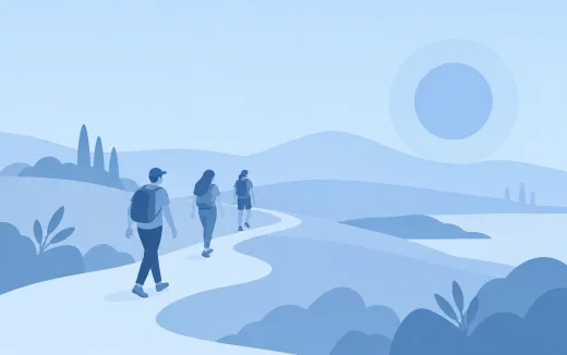Illustration of three people on a walking tour along a path through rolling hills