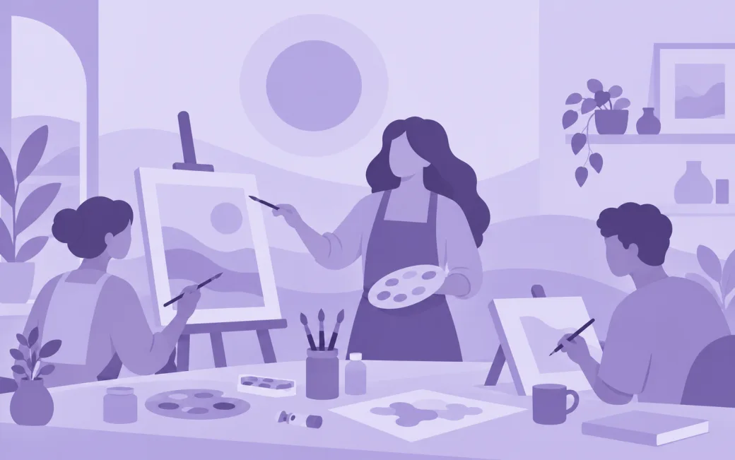 Illustration of a painting workshop with a teacher and two guests at their easels
