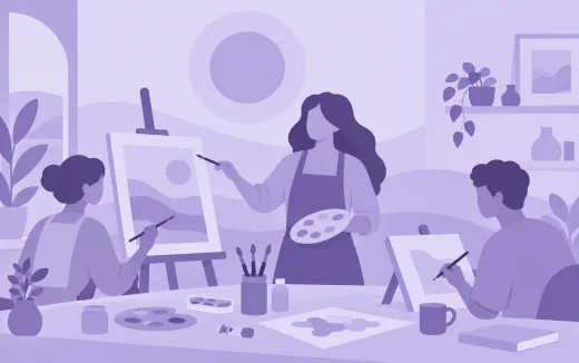 Illustration of a painting workshop with a teacher and two guests at their easels