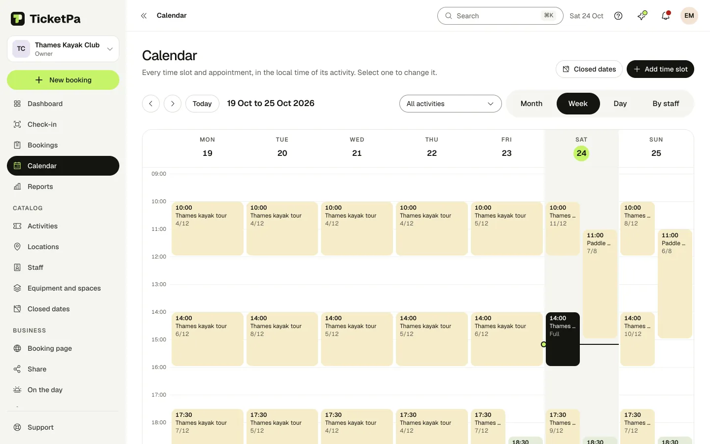 Calendar in TicketPa, an example with made-up data.
